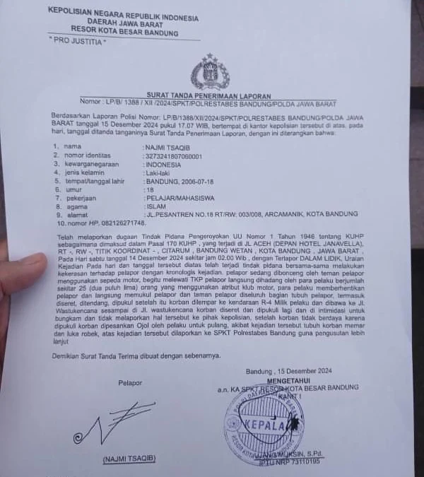Diduga Aniaya Mahasiswa NT, Anggota Klub Motor Gede di Bandung Dilaporkan ke Polrestabes Dugaan penganiayaan Mahasiswa NT oleh Anggota Klub Motor Gede di Bandung telah dilaporkan ke Polrestabes Bandung. (ISTIMEWA)