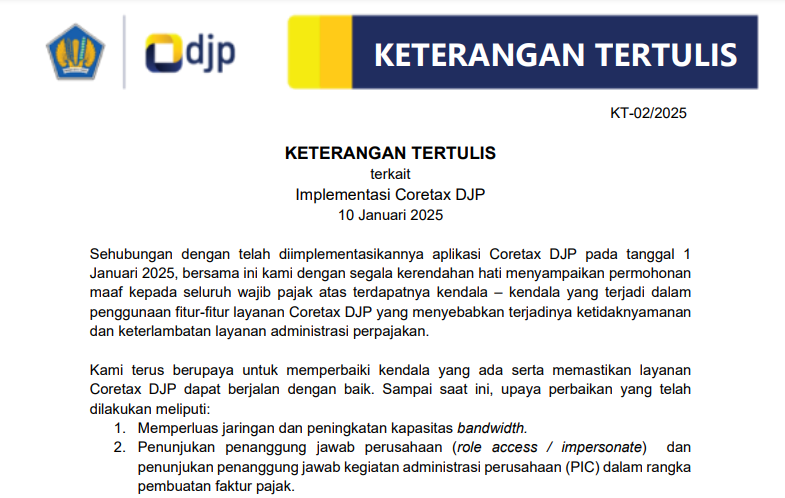 KETERANGAN TERTULIS terkait Implementasi Coretax DJP KETERANGAN TERTULIS terkait Implementasi Coretax DJP