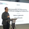 Direktur Strategic Portfolio Telkom Budi Setyawan Wijaya saat memberikan sambutan pada acara penandatangan Memorandum of Understanding (MoU) antara PT Telkom Indonesia (Persero) Tbk (Telkom) dan PT IBM Indonesia (IBM) di Telkom Landmark Tower (TLT), beberapa waktu yang lalu.