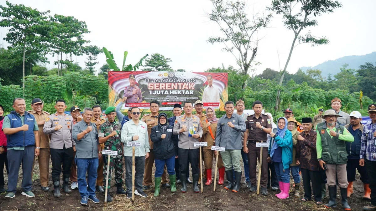 Polresta Bandung bersama Forkopimda Kabupaten Bandung melaksanakan penanaman jagung di kawasan Mekarlaksana, Kecamatan Ciparay, Kabupaten Bandung, Selasa (21/1). Foto Istimewa