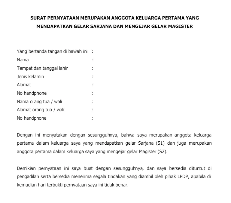 Template Surat Pernyataan untuk Daftar LPDP 2025, PDF DOC