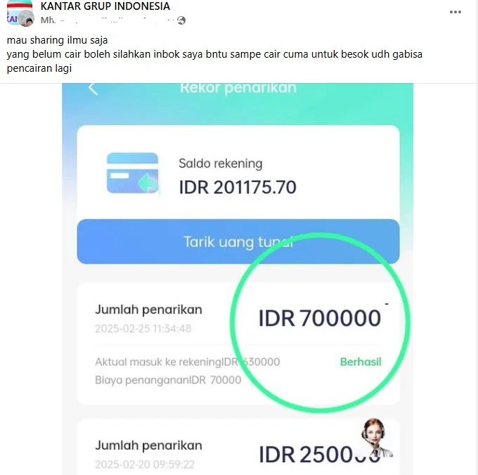 Salah satu unggahan yang menawarkan jasa pencairan di aplikasi Kantar yang terbukti penipuan.