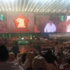Ketua Umum Partai Gerindra sekaligus Presiden ke-8 RI Prabowo Subianto saat memberikan pidato politik di hadapan ribuan kader, Sentul, Kabupaten Bogor, pada Sabtu (15/2). Foto: Regi / Jabar Ekspres
