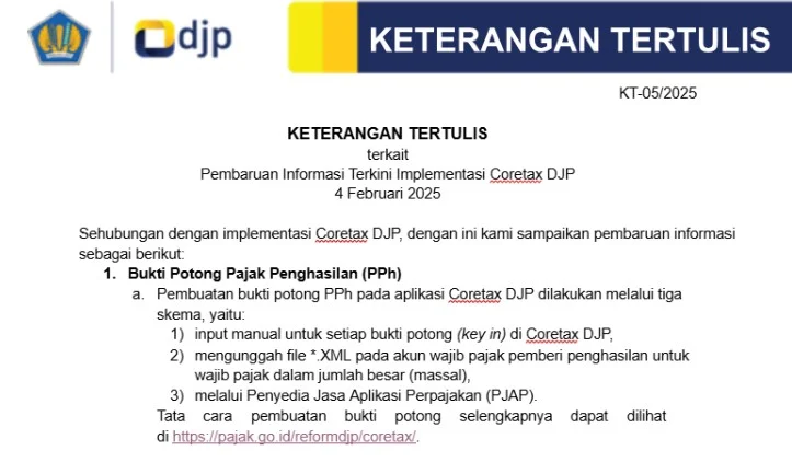 KETERANGAN TERTULIS terkait Pembaruan Informasi Terkini Implementasi Coretax DJP