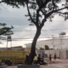 Tampak depan area proyek pembangunan yang diduga dilakukan perusahaan nakal di Jalur Nasional tepatnya Jalan Raya Bandung-Garut, wilayah Kecamatan Rancaekek, Kabupaten Bandung. (Yanuar/Jabar Ekspres)