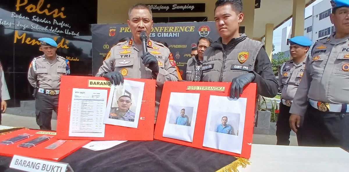 Kapolres Cimahi, AKBP Tri Suhartanto saat Menujukkan Profil Pelaku Tindak Pidana Penipuan atau Tindak Pidana Kekerasan Seksual. (Mong / Jabar Ekspres)