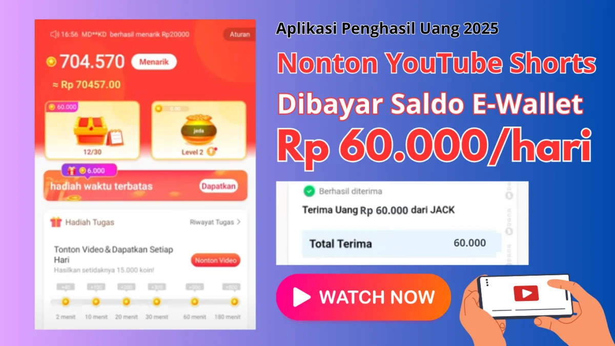 Nonton Video YouTube Shorts Dibayar Rp60.000 Pakai Aplikasi Penghasil Uang 2025