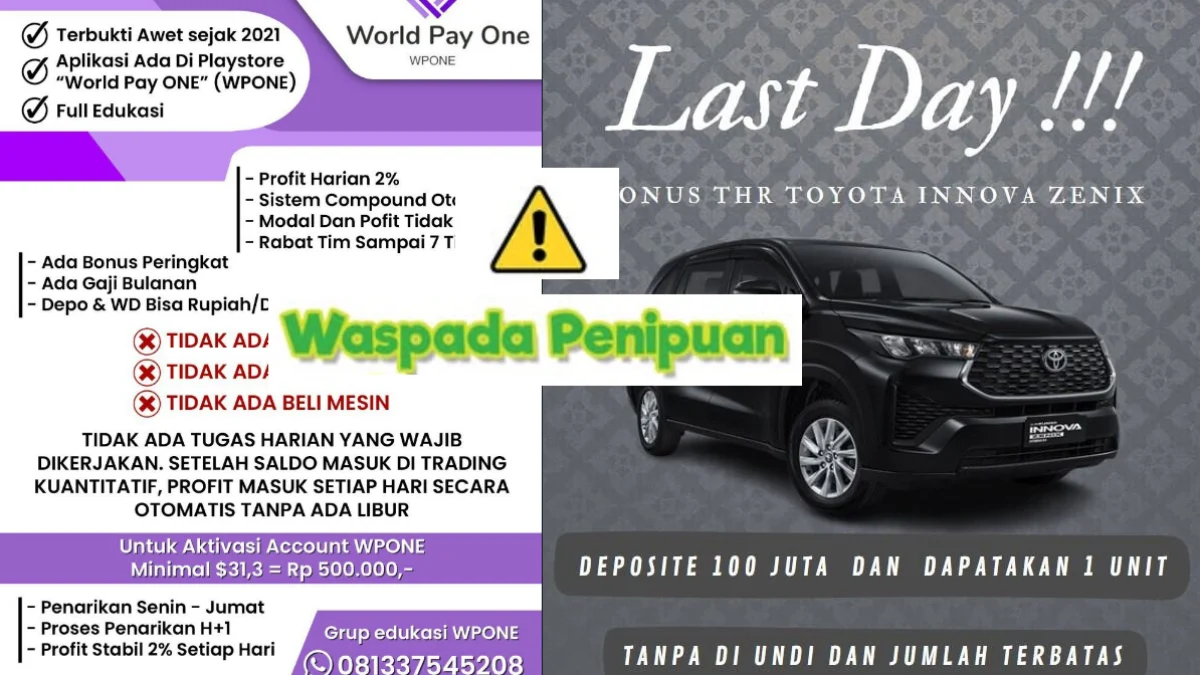 Deposit untuk Event Aplikasi WPONE dapat Hadiah Mobil Gratis, Benarkah?