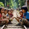 Ilustrasi anak-anak duduk di atas rel kereta api. (Dok. AI)
