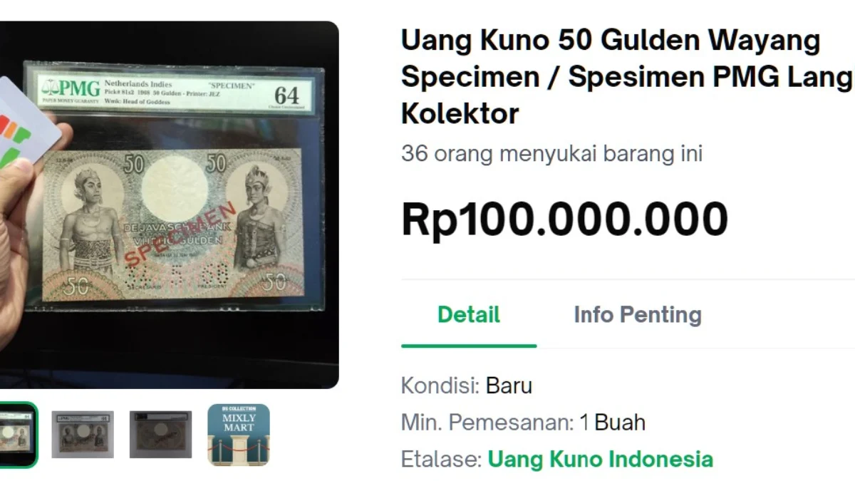 Deretan Uang Kuno Termahal Bulan Mei 2025, Uang Gulden 50 Wayang Dibandrol RP100.000.000 Harga uang kuno termahal di bulan Mei 2025 ini.