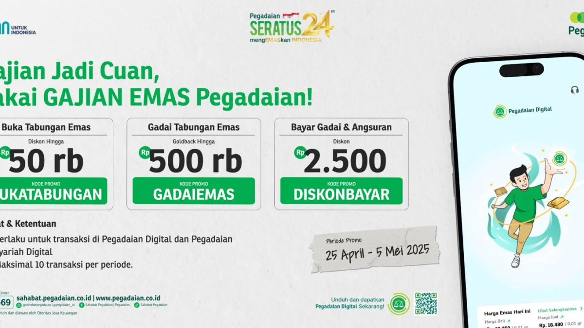 Bank Emas Pegadaian menghadirkan promo Gajian Emas melalui aplikasi Pegadaian Digital. Berbagai promo yang bisa dimanfaatkan oleh nasabah berlangsung mulai l 25 April hingga 5 Mei 2025.
