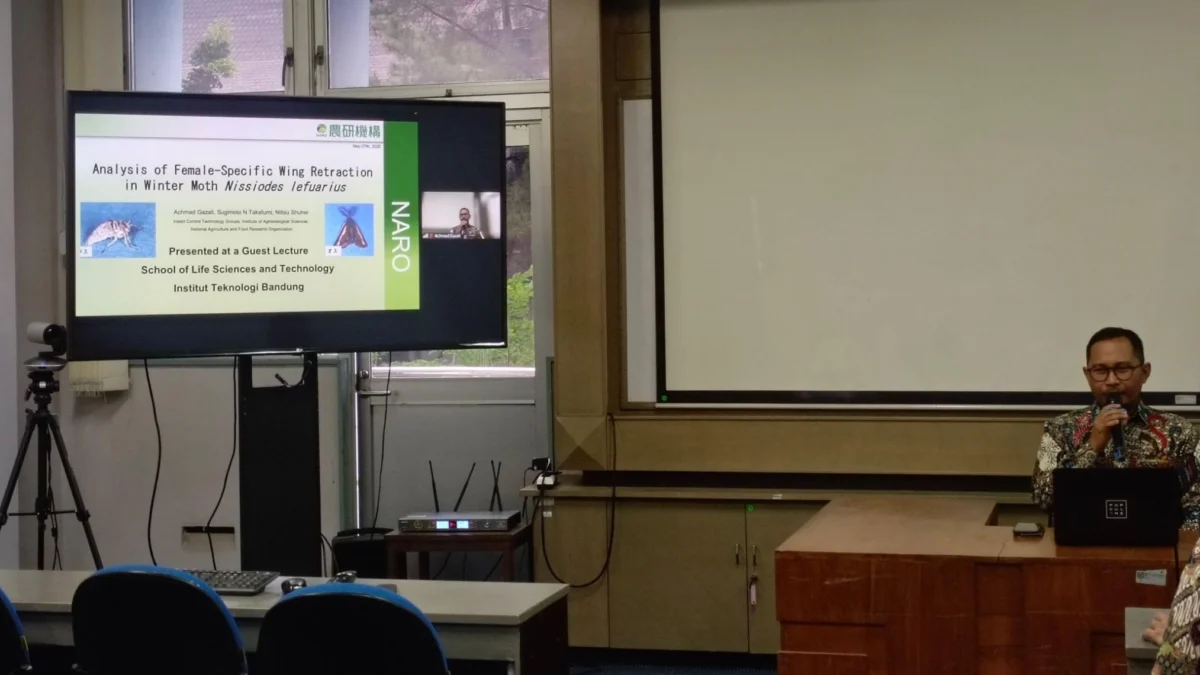 Ketua PCINU Jepang Berikan Kuliah Tamu Bidang Molekuler untuk Mahasiswa S3 Biologi ITB Peneliti NARO Tsukuba–Japan, Achmad Gazali, menjelaskan penelitian retraksi pada ngengat betina musim dingin saat Kuliah Tamu Program Studi Doktor Biologi SITH ITB di Ruang Seminar Labtek XI ITB Kampus Ganesha, Selasa (6/5).