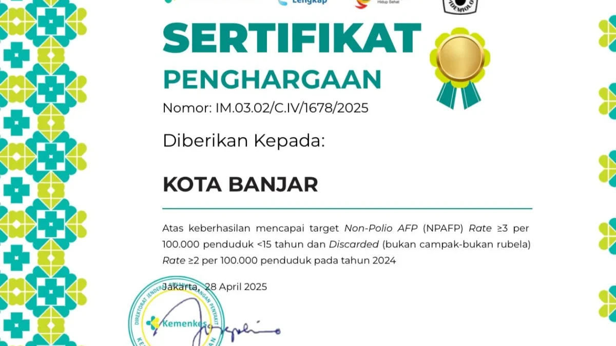 Kota Banjar Raih Penghargaan Kinerja Surveilans Kesehatan Nasional Kota Banjar meraih sertifikasi penghargaan kinerja surveilans kesehatan nasional. (Istimewa)