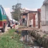 Penampakan jembatan kayu untuk menyebrangi saluran air akibat mangkraknya proyek normalisasi drainase di wilayah Desa Rancaekekwetan, Kecamatan Rancaekek, Kabupaten Bandung. (Yanuar/Jabar Ekspres)