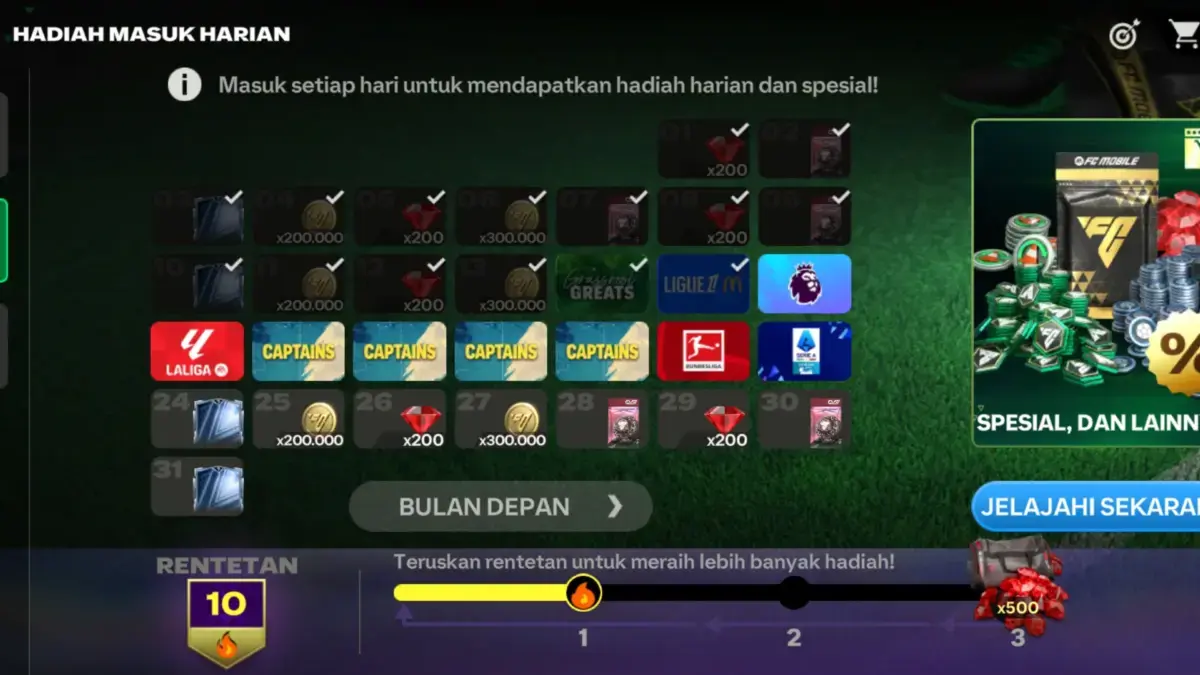Menu Hadiah Masuk Harian EA FC Mobile.