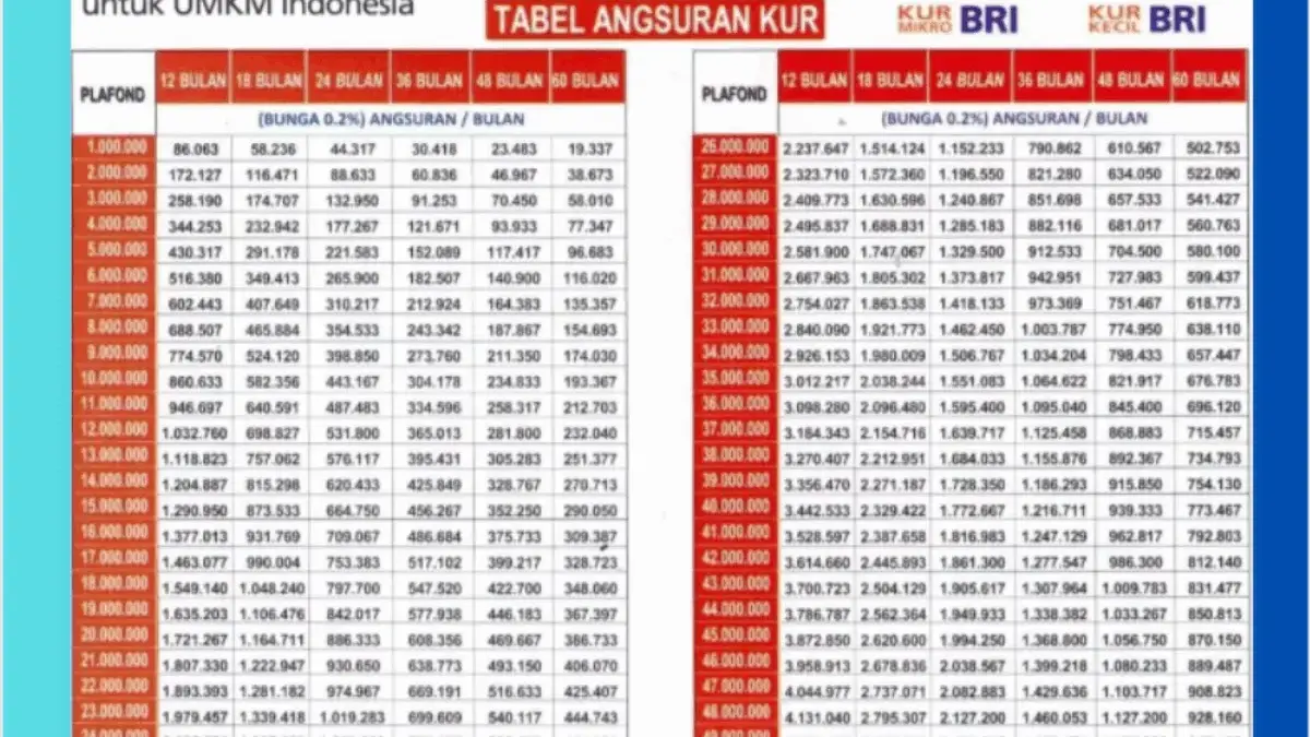 Terbaru! Tabel Cicilan KUR Kecil Bank BRI Agustus 2025
