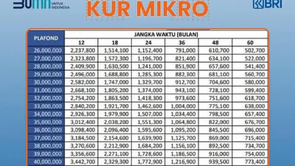 KUR BRI 2025 dengan Pinjaman Rp30 Juta, Cicilan Cuma Mulai Rp19 Ribuan Per Hari Tabel Angsuran KUR BRI Mikro 2025, Pinjaman hingga Rp50 Juta, Cicilan Cuma Mulai dari Rp6.443