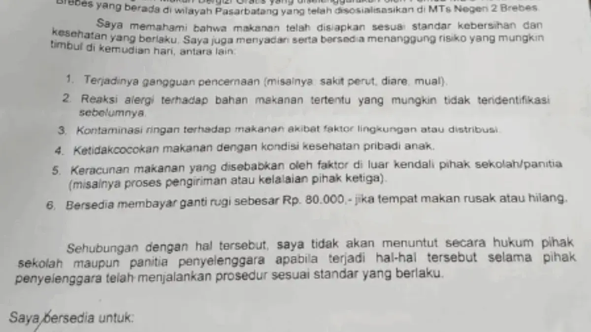 Viral Surat Pernyataan MBG, Orangtua Diminta Tak Gugat Jika Keracunan Viral Surat Pernyataan MBG, Orangtua Diminta Tak Gugat Jika Keracunan
