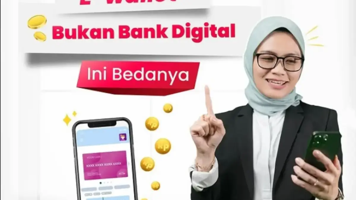 ILUSTRASI perbedaan E-Wallet dan Bank DIgital.