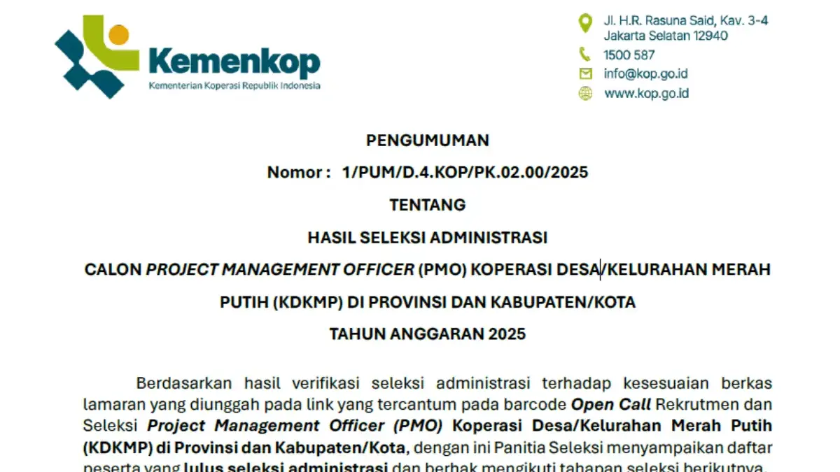 Cek Pengumuman Hasil Akhir PMO Kemenkop 2025, Download PDFnya di Sini! Cek Pengumuman Hasil Akhir PMO Kemenkop 2025, Download PDFnya di Sini!
