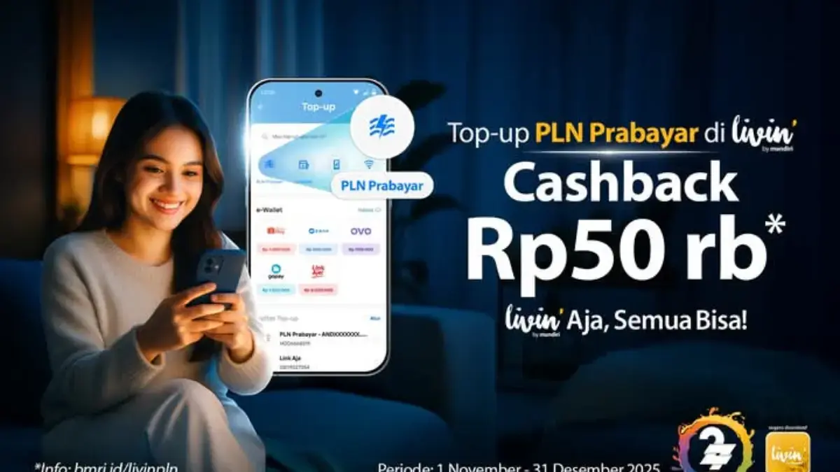 Cashback Rp50 ribu untuk Top Up PLN Prabayar di aplikasi Livin\'by Mandiri
