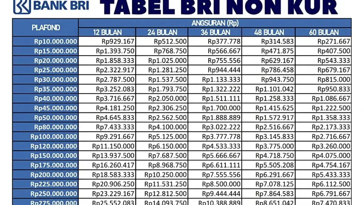 Tabel Angsuran BRI Non KUR 2025: Limit Rp1 Juta–Rp500 Juta Cicilan Mulai Rp8 Ribuan, Cocok untuk UMKM Pemula Tabel Angsuran BRI Non KUR 2025: Limit Rp1 Juta–Rp500 Juta Cicilan Mulai Rp8 Ribuan, Cocok untuk UMKM Pemula