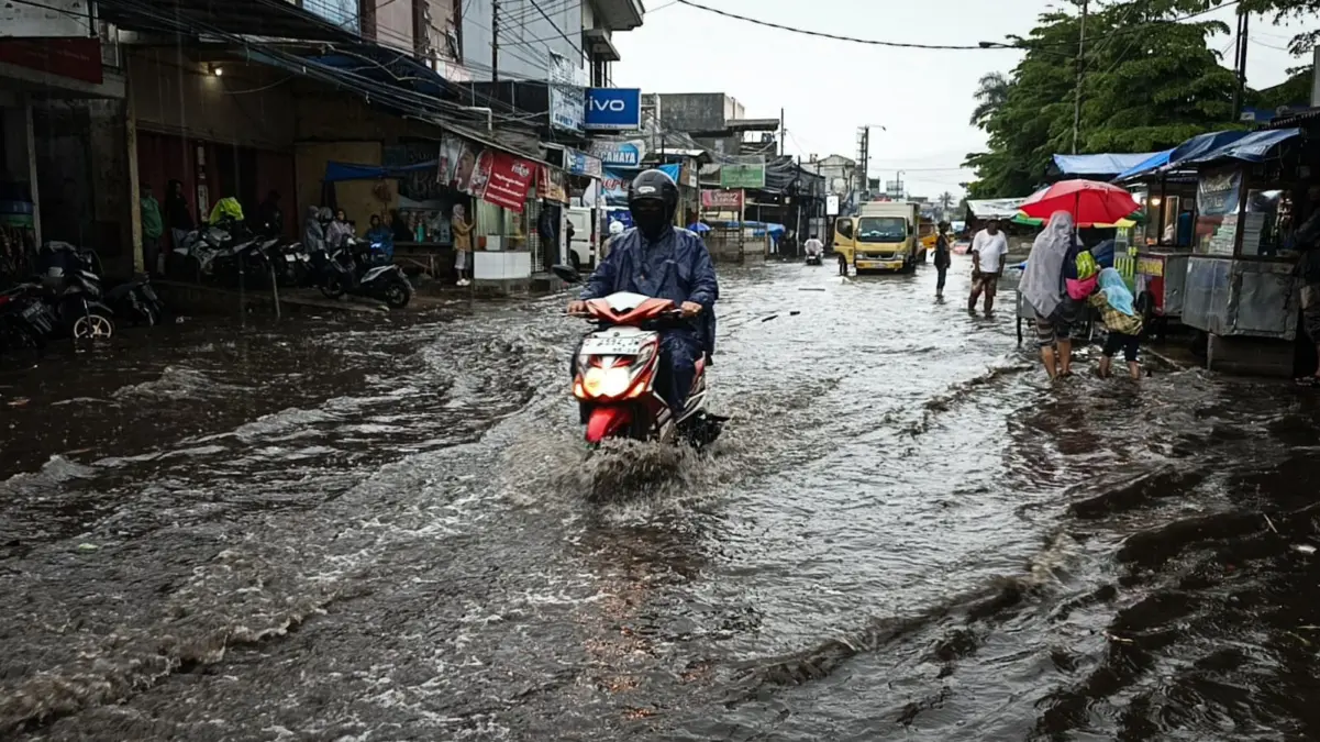 Danau Retensi Menghilang, Lembang Kini Rawan Banjir Setiap Hujan Deras Sejumlah kendaraan memaksa menerobos banjir di Jalan Raya utama Lembang, Bandung Barat. Dok Jabar Ekspres/Suwi