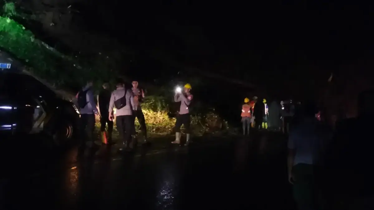 Petugas gabungan saat di lokasi longsor sekaligus melaksanakan proses evakuasi pohon tumbang di Jalur Cadas Pa