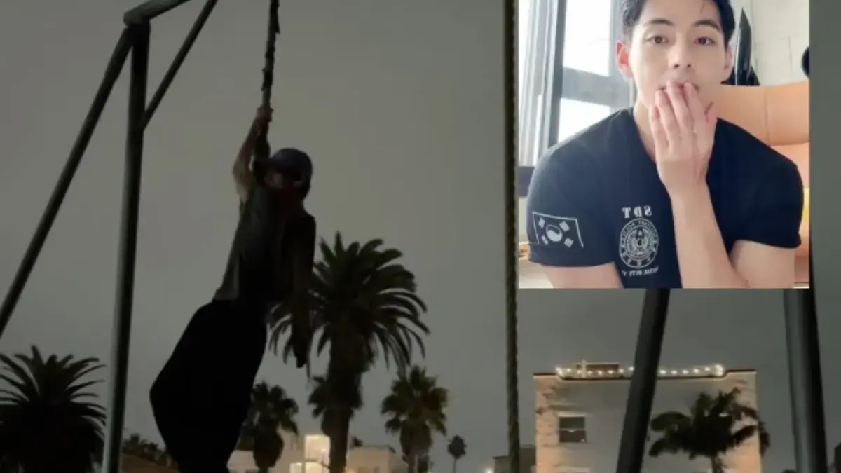 Aksi V BTS yang iseng panjat Tali di Taman Bermain di salah satu Vlognya.