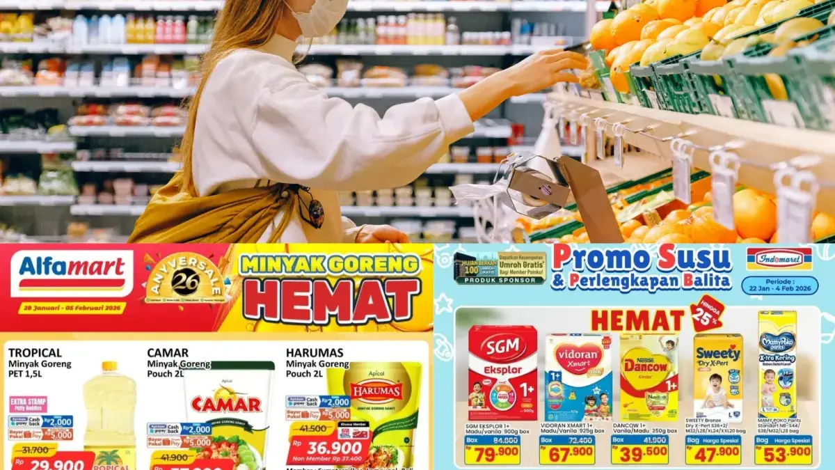 Promo Indomaret & Alfamart Hari Ini 30 Januari-1 Februari 2026: Diskon Kebutuhan Balita, Migor Serba Hemat Canva Indomaret dan Alfamart.