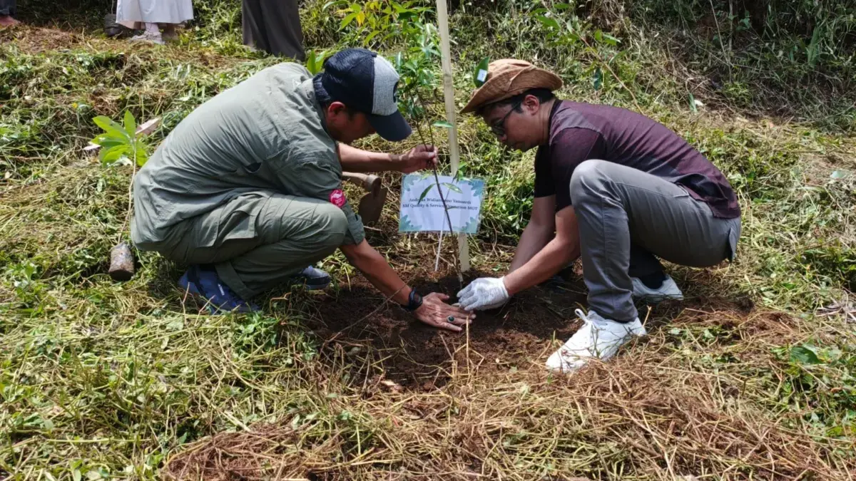 Penanaman pohon untuk reboisasi pada program Telkom Employee Social Activity (TESA) di Desa Tegallega, Cianjur
