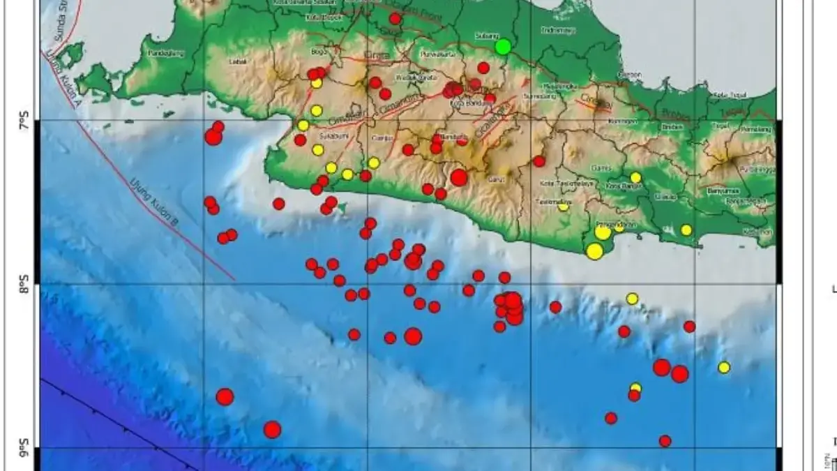 Sejumlah titik guncangan gempa bumi yang terjadi di wilayah Jawa Barat selama periode Januari 2026. (BMKG Stas