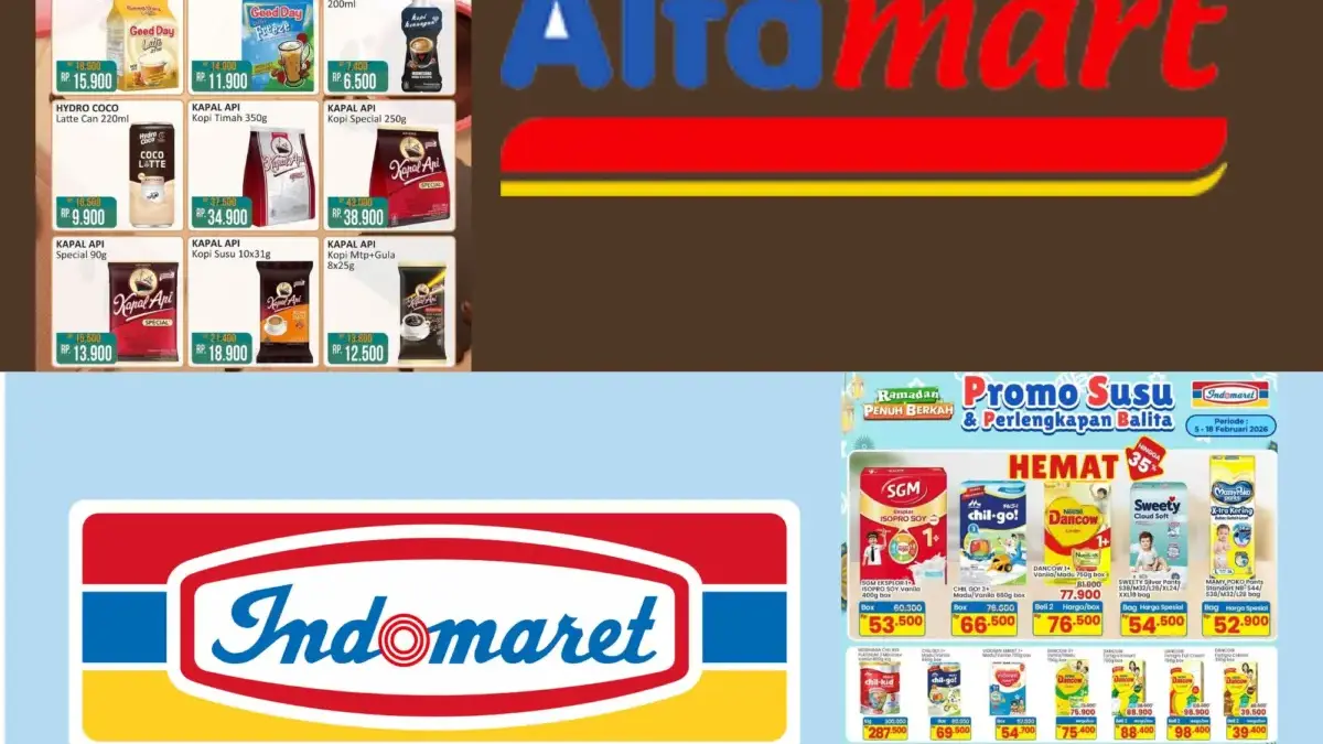Promo Alfamart dan Indomaret Hari Ini 9 Februari 2026: Diskon Susu Balita 35%, Aneka Kopi 32% Canva promo kopi dan susu balita Alfamart dan Indomaret.