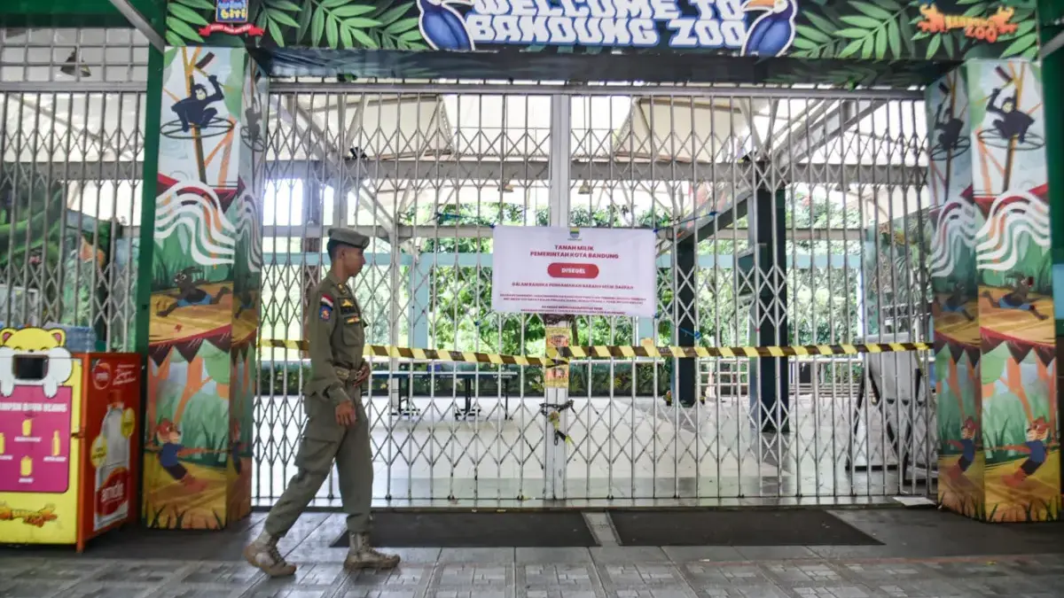 Kementerian Kehutanan Ambil Alih Perawatan Satwa Kebun Binatang Bandung Petugas Satpol PP berjalan di depan gerbang utama Bandung Zoo yang disegel di Kebun Binatang Bandung, Kamis (5