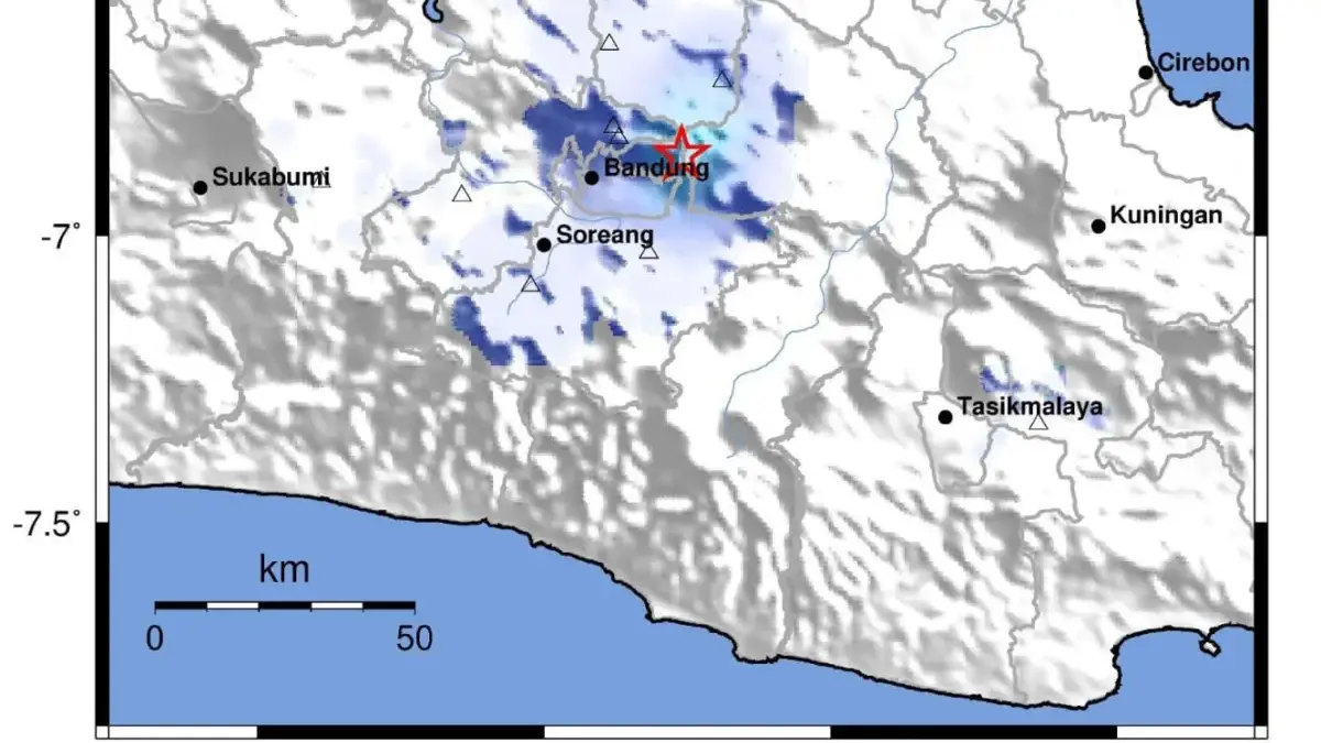 Titik terjadinya guncangan gempa bumi tektonik hasil pantauan di Kota Bandung yang getarannya