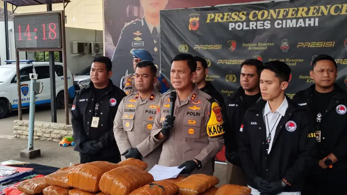 Satu Kuintal Ganja dari Sumatera Digagalkan, Polres Cimahi Ungkap Sindikat Antarprovinsi Kapolres Cimahi, AKBP Niko N Adi Putra saat Menjelaskan Ungkap Kasus Tindak Pidana Penyelendupan Satu Kuintal