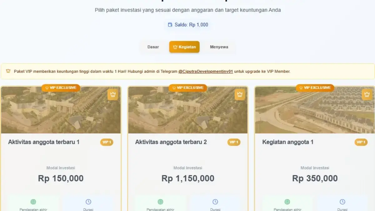Salah satu contoh paket investasi di aplikasi Ciputra Developmentia.