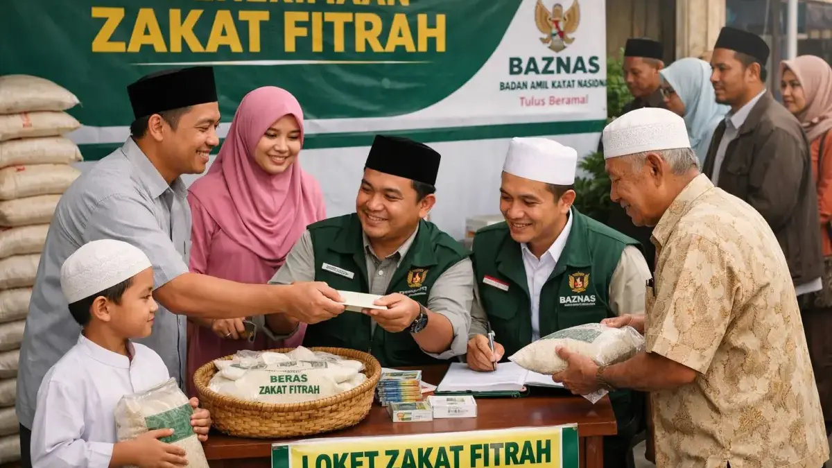Potensi Dana Zakat Fitrah di Bandung Barat Tembus Rp60 Miliar Ilustrasi: Masyarakat saat membayar zakat fitrah. Dok GPT AI