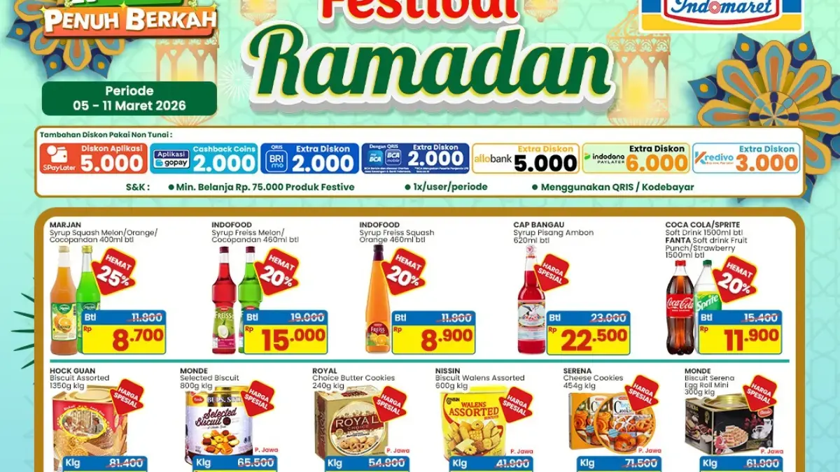 Promo Indomaret Hari Ini Kamis 5 Maret 2026: Harga Spesial Sirup & Biskuit untuk Lebaran Promo Indomaret hari ini 5 Maret 2026