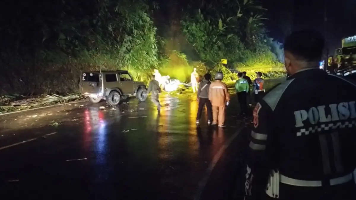 Proses evakuasi pohon tumbang di ruas jalur Cadas Pangeran wilayah Desa Ciherang, Kecamatan Sumedang Selatan,