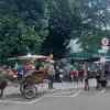 Sejumlah delman terlihat parkir di bahu jalan kawasan Alun-alun Kota Bogor meski telah terpasang rambu laranga