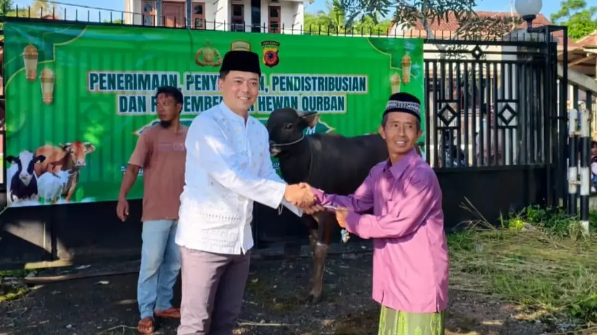 Polres Tasikmalaya Salurkan 27 Hewan Kurban untuk Warga dan Pesantren di Iduladha 1447 H Kapolres Tasikmalaya, AKBP Wahyu Pristha Utama, saat menyerahkan hewan kurban kepada salah satu penerima