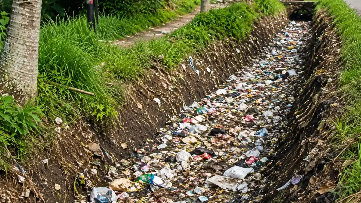 Irigasi Leuwi Kuya Cihampelas, Bandung Barat dipenuhi sampah. Dok Jabar Ekspres/Suwitno