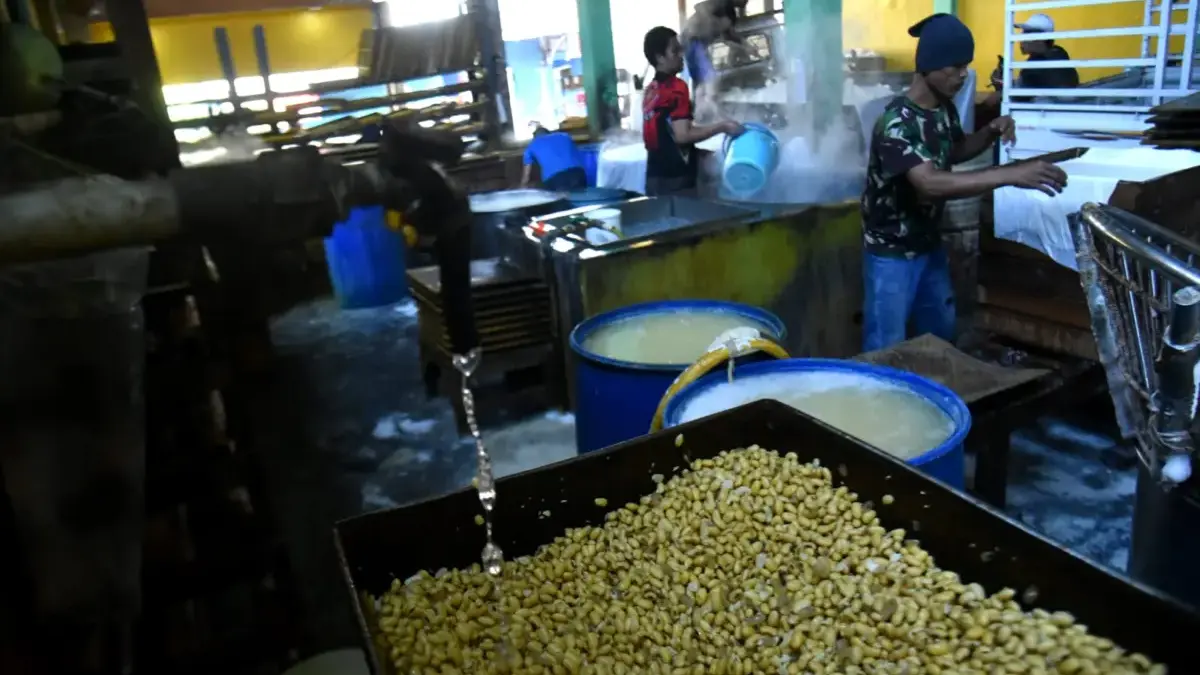 Pekerja menyelesaikan produksi tahu di Sentra Produksi Tahu Cibuntu, Kota Bandung, Selasa (9/6/2026). Menurut