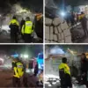 Sebuah truk bermuatan hebel terguling usai mengalami pecah ban di Jalan Raya Parung-Bogor, Desa Jampang, Keman