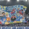 Ribuan Viking Persib Club (VPC) membentangkan tifo saat laga Persib Bandung di gelaran Super League. Foto: Dim