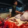 Pedagang mengemas daging ayam ras pesanan pembeli di Pasar Kosambi, Kota Bandung, Selasa (26/8/2026)