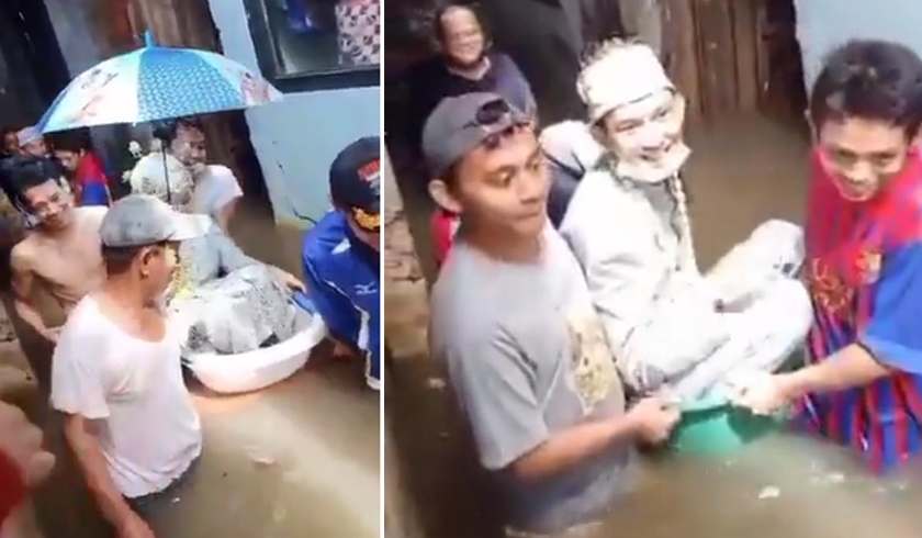 Langsungkan Akad Nikah saat Banjir, Pengantin Diarak Naik Bak Mandi