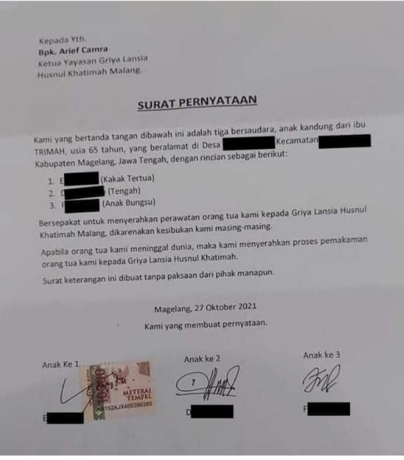 Teganya! Tiga Saudara "Buang" Ibu Ke Panti, Ini Isi Surat Pernyataannya