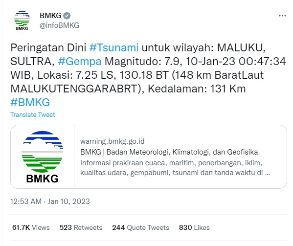 BKMG Gempa Maluku Hari Ini, PERINGATAN DINI TSUNAMI, 10 Januari 2023 00:47 Wib, Gempa 7,9 Mag